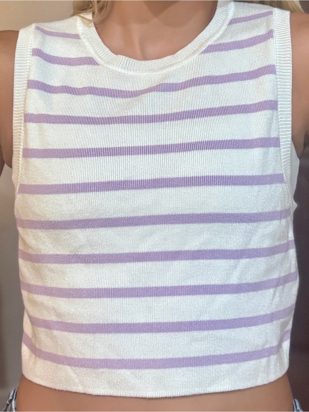 Zara White and Light Purple Striped Knit Tank
